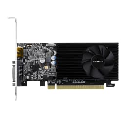 Tarjeta gráfica low profile con disipador negro, ventilador único, salidas HDMI y DVI, PCB compacto y conector PCIe dorado. Modelo Gigabyte GeForce GT 1030