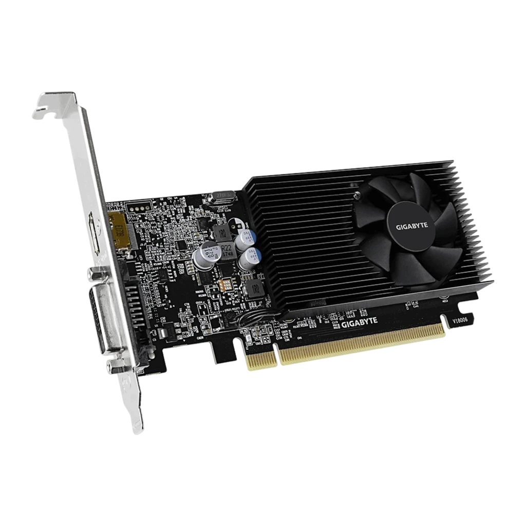 Placa gráfica Gigabyte GeForce GT 1030 D4 Low Profile, 2GB GDDR4, PCB preto, dissipador com ventoinha única, bracket baixo perfil, caixa laranja ao fundo - Item2
