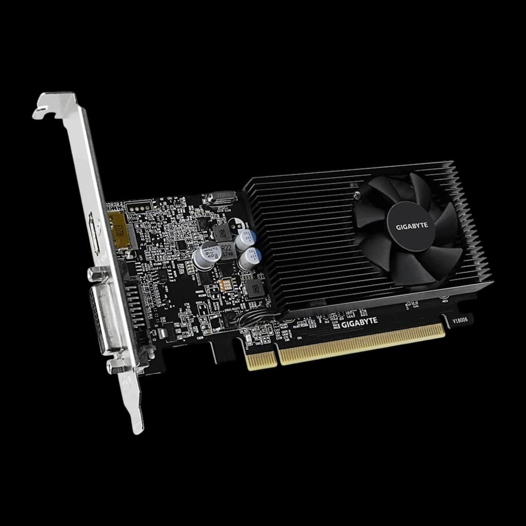 Tarjeta gráfica low profile con disipador negro de aletas y ventilador compacto, PCB negro, salida DVI y HDMI, conector PCIe dorado, 2 GB GDDR4