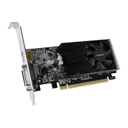 Tarjeta gráfica low profile con disipador negro de aletas y ventilador compacto, PCB negro, salida DVI y HDMI, conector PCIe dorado, 2 GB GDDR4