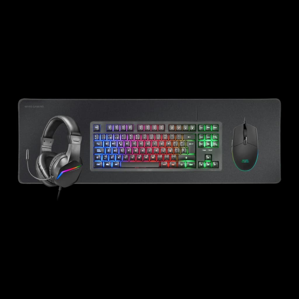 Pack Gaming Mars Gaming MCP-RGB3 con teclado retroiluminado RGB, ratón 3200 DPI con luz RGB, auriculares con micrófono y alfombrilla negra amplia