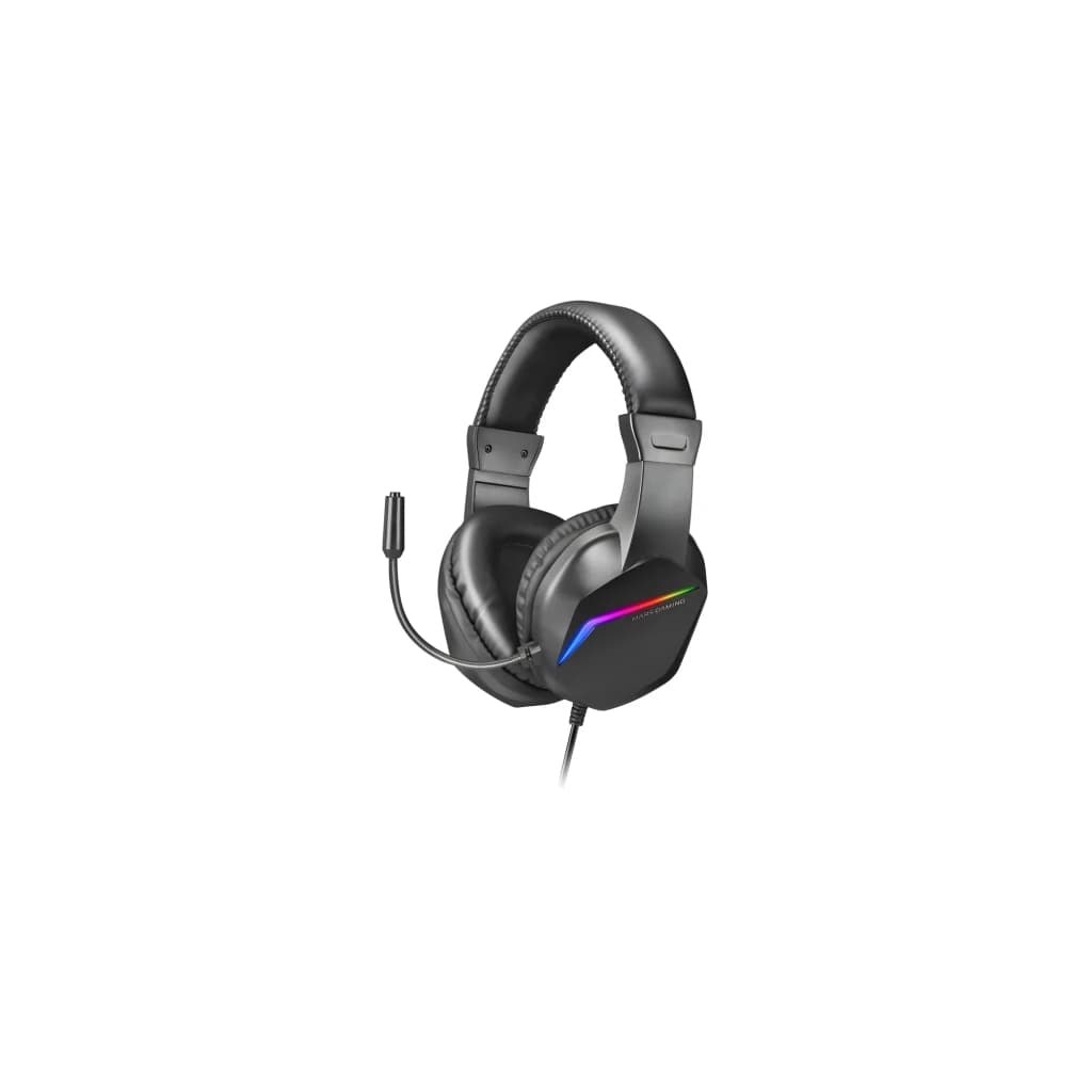 Auriculares gaming negros con diadema acolchada, micrófono flexible y iluminación RGB lateral; cableados, estilo over-ear, diseño robusto y cómodo para