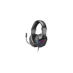 Auriculares gaming negros con diadema acolchada, micrófono flexible y iluminación RGB lateral; cableados, estilo over-ear, diseño robusto y cómodo para