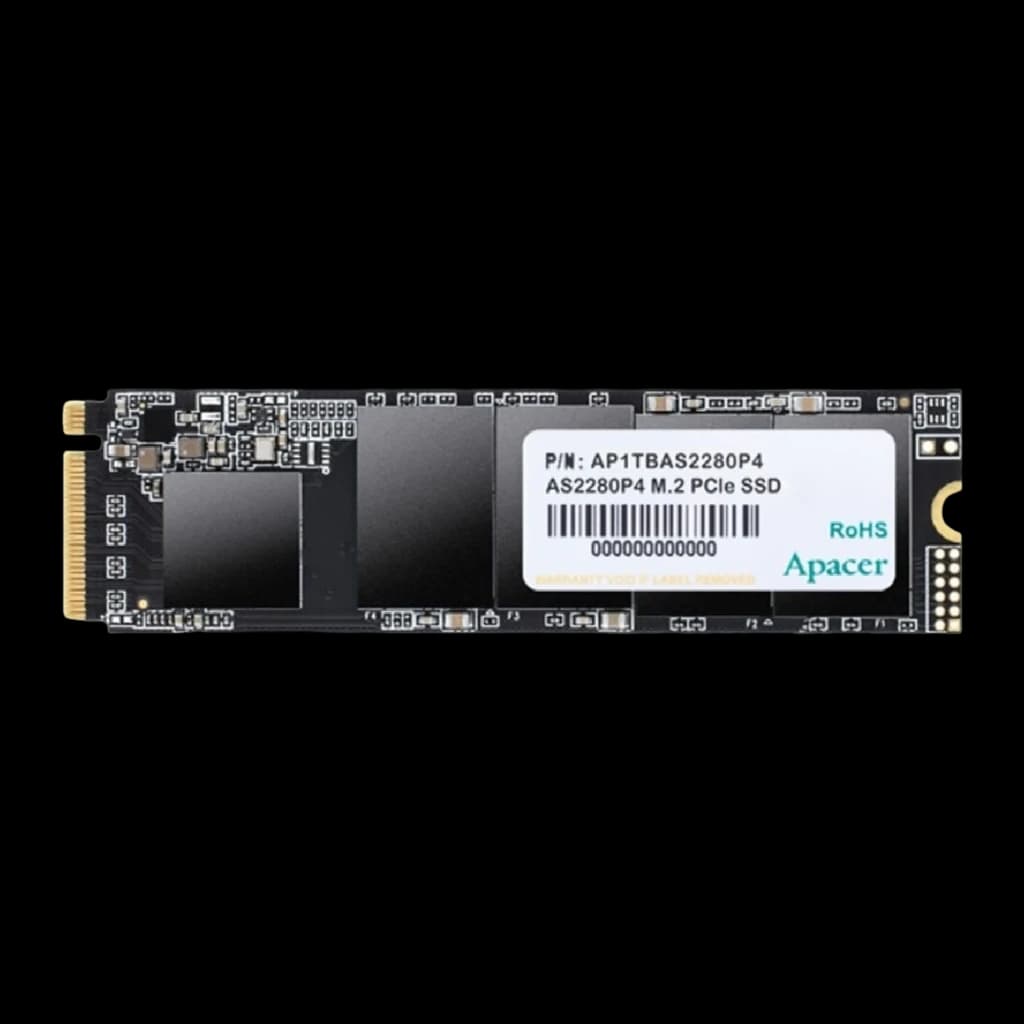 Disco SSD Apacer AS2280P4 1TB formato M.2 2280 com etiqueta branca, conector dourado à esquerda, PCB preto e componentes SMD visíveis, padrão NVMe PCIe 3.0