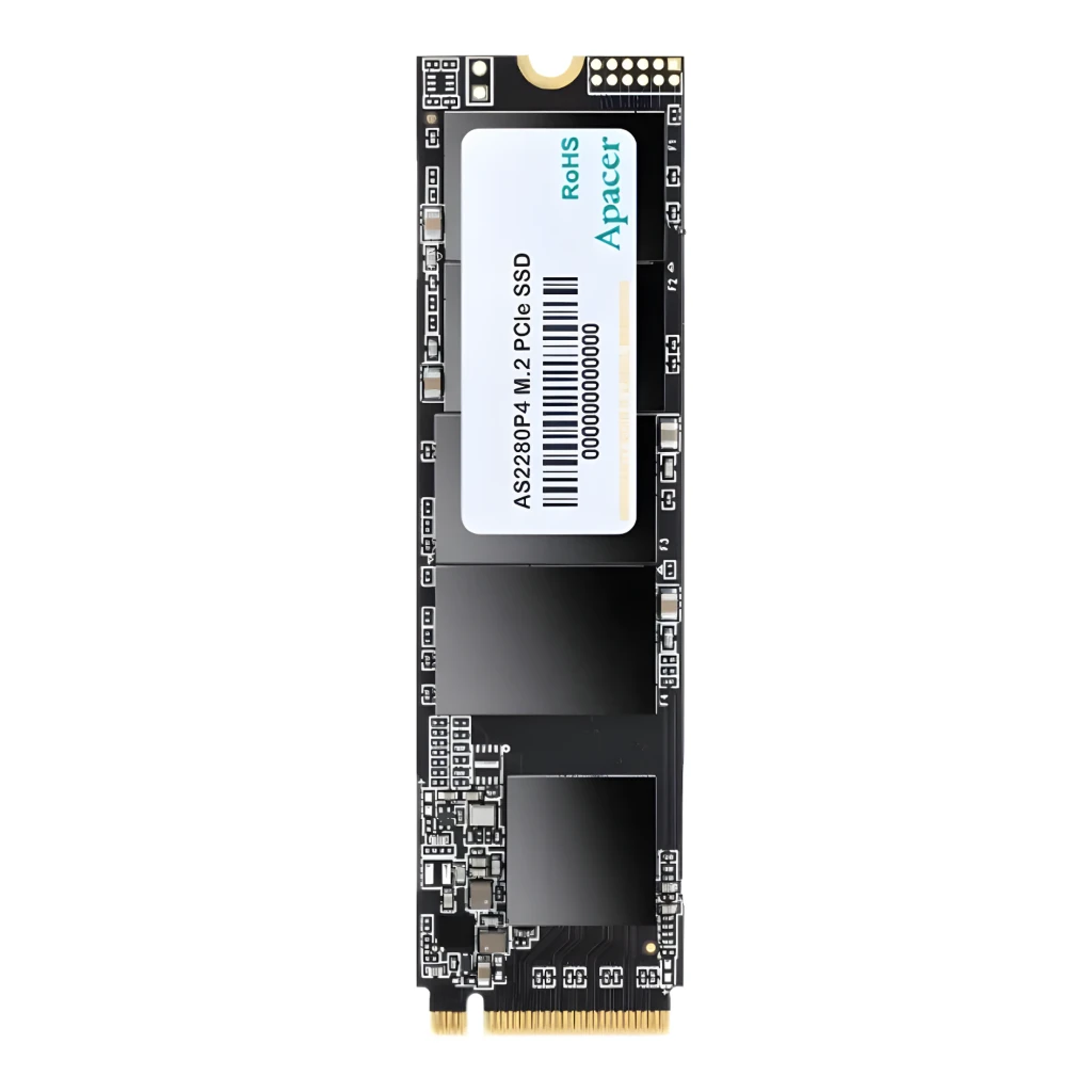 Disco SSD Apacer AS2280P4 1TB formato M.2 2280 com etiqueta branca, conector dourado à esquerda, PCB preto e componentes SMD visíveis, padrão NVMe PCIe 3.0 - Item1