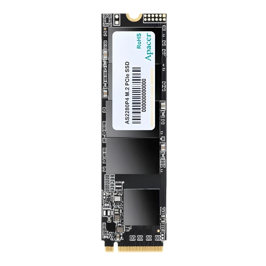 Disco SSD Apacer AS2280P4 1TB M.2 2280 NVMe PCIe 3.0 x4 em placa preta com etiqueta branca, conector dourado e chips expostos para alto desempenho