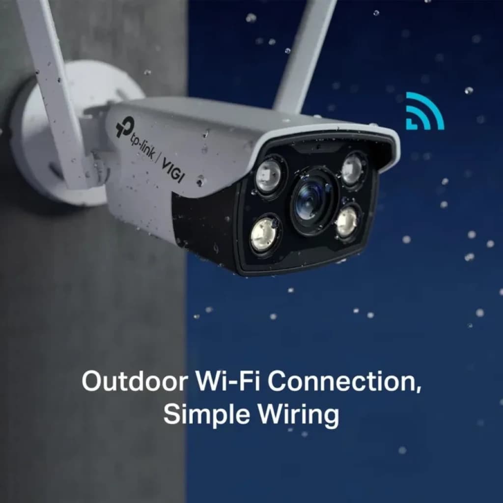 Cámara de seguridad IP TP-Link VIGI C340-W blanca 4MP, montaje en techo o pared, resistente a la intemperie, cuatro LED frontales y antena WiFi visible