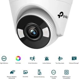 Cámara IP TP-Link VIGI C440 2.8 mm tipo torreta, lente central con LED integrados, cuerpo blanco, 4MP, audio bidireccional, ranura microSD y H.265+