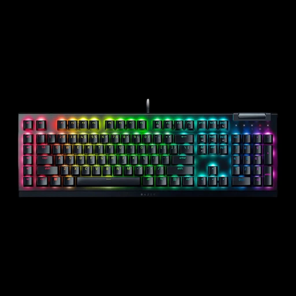 Teclado mecânico gamer com iluminação RGB por tecla, chassi preto, roda de volume, teclas dedicadas e cabo USB trançado de 2 m com switch Yellow