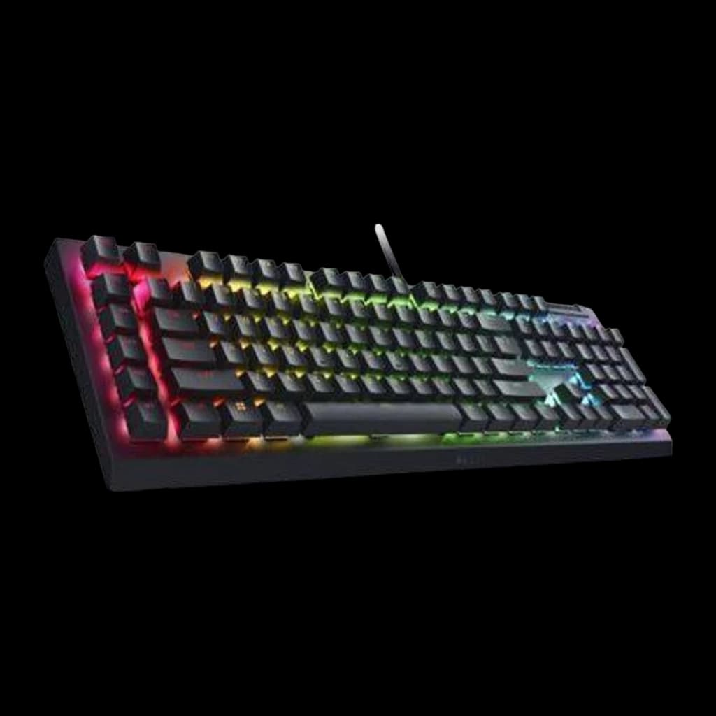 Teclado mecânico Razer BlackWidow V4 X com iluminação RGB por tecla, keycaps pretas em perfil alto e cabo USB trançado de 2 m saindo ao centro