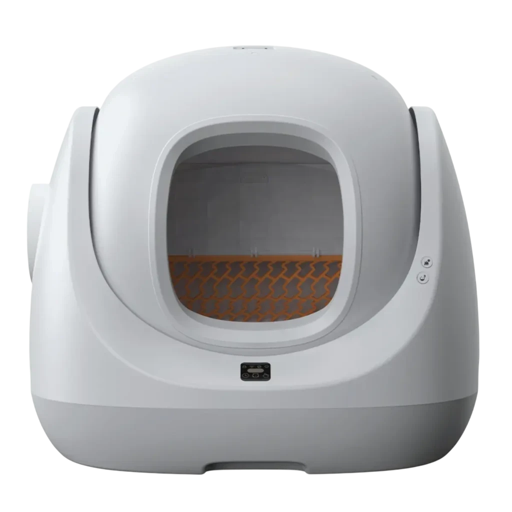 CATLINK Baymax Lite Blanc bac à litière autonettoyant, design arrondi blanc, grande ouverture frontale, grille intérieure orange, boutons latéraux visibles - Ítem
