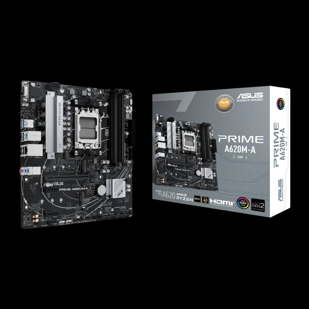 Carte mère ASUS PRIME A620M-A-CSM mATX noire, socket AM5, DDR5, VRM robuste avec dissipateurs argentés, ports HDMI et USB variés, design soigné pour Ryzen