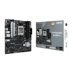 Carte mère ASUS PRIME A620M-A-CSM mATX noire, socket AM5, DDR5, VRM robuste avec dissipateurs argentés, ports HDMI et USB variés, design soigné pour Ryzen