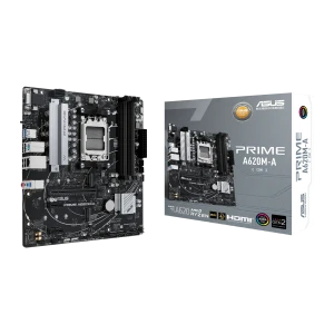 Placa-mãe ASUS PRIME A620M-A-CSM mATX preta com soquete AM5, 4 slots DDR5, dissipadores prateados, múltiplas USB, HDMI e PCIe para Ryzen