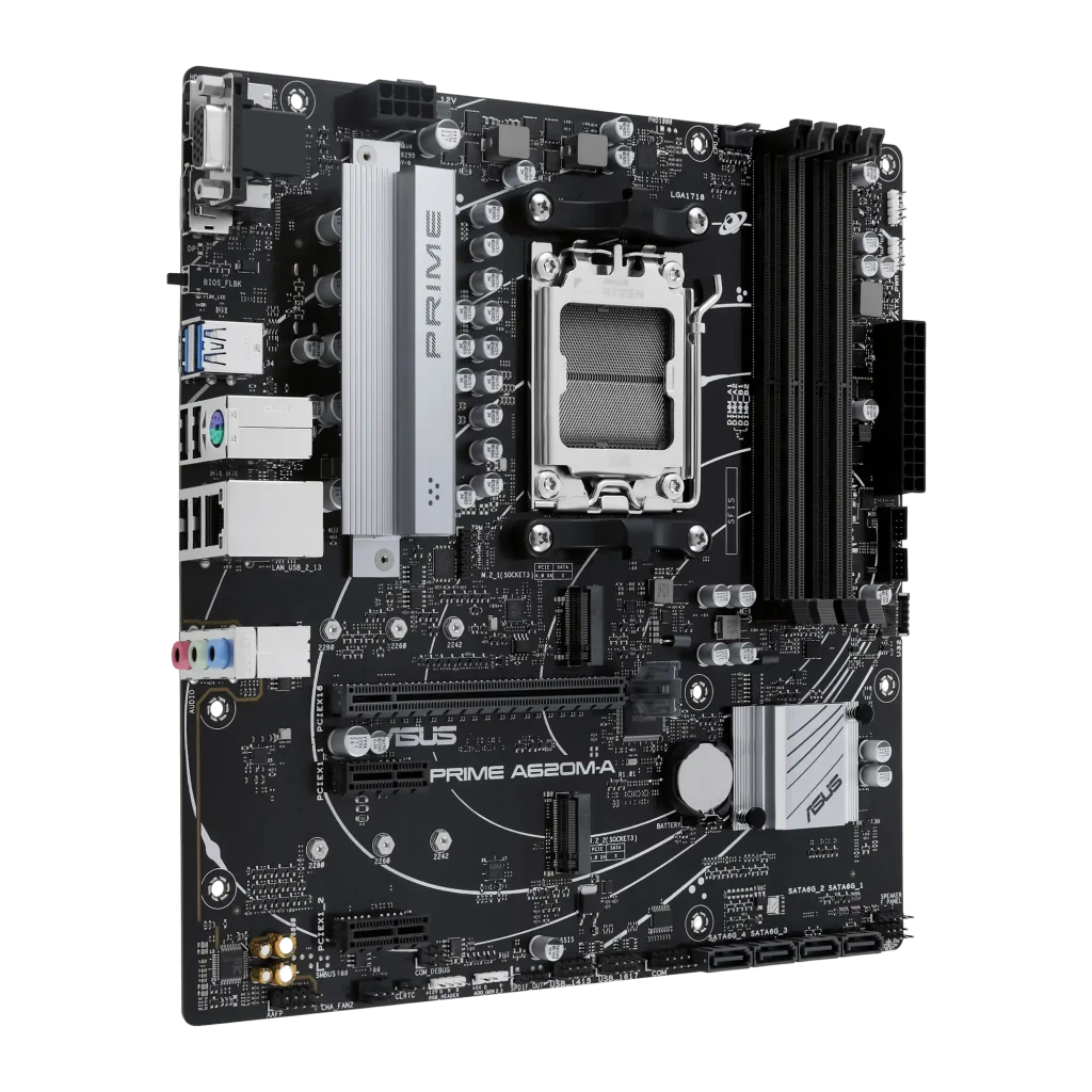 Placa-mãe ASUS PRIME A620M-A-CSM mATX preta com soquete AM5, 4 slots DDR5, dissipadores prateados, múltiplas USB, HDMI e PCIe para Ryzen - Item2