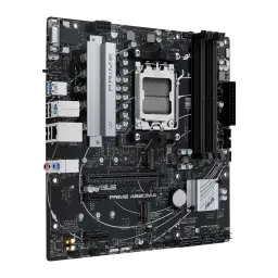Carte mère mATX noire avec socket AM5 central, 4 slots DDR5, gros dissipateurs argentés, ports arrière USB et audio, M.2 et PCIe visibles