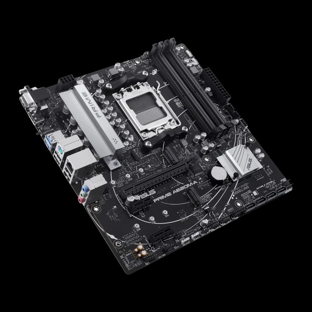 Carte mère ASUS PRIME A620M-A-CSM mATX noire, socket AM5, slots DDR5, grands dissipateurs argentés, VRM robuste, ports M.2 et E/S arrière complets