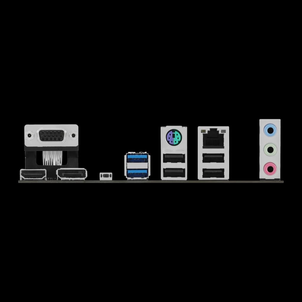 Panneau arrière de la carte mère ASUS PRIME A620M-A-CSM avec HDMI, DisplayPort, VGA, USB 3.0 et 2.0, PS/2, RJ45 Gigabit et trio de ports audio colorés