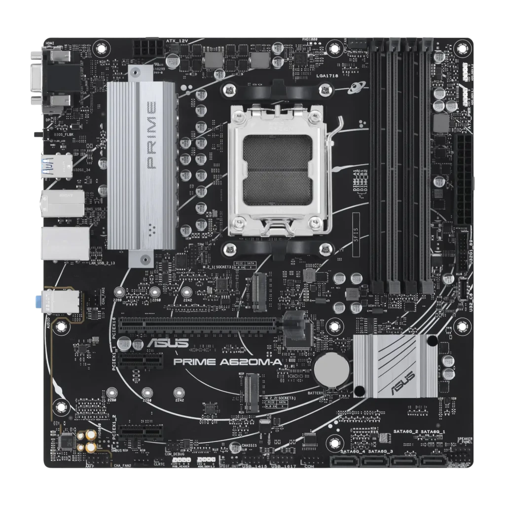 Placa-mãe ASUS PRIME A620M-A-CSM mATX preta com soquete AM5, 4 slots DDR5, dissipadores prateados, múltiplas USB, HDMI e PCIe para Ryzen - Item1