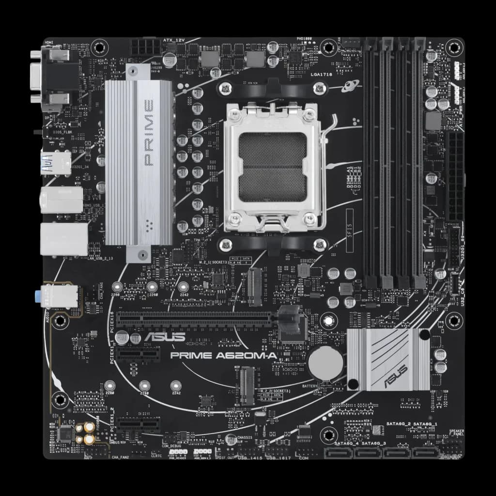 Carte mère microATX noire avec socket AM5, 4 emplacements DDR5, grands dissipateurs gris, nombreux ports I/O et slots M.2, marquage ASUS PRIME A620M-A-CSM