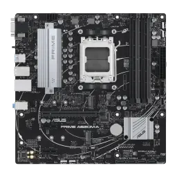 Carte mère microATX noire avec socket AM5, 4 emplacements DDR5, grands dissipateurs gris, nombreux ports I/O et slots M.2, marquage ASUS PRIME A620M-A-CSM