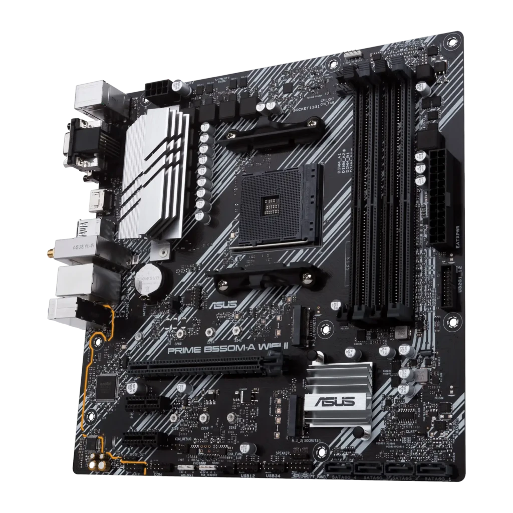 Carte mère mATX noire et grise avec slots DDR4, dissipateurs striés, nombreux ports arrière et antennes WiFi 6, aux côtés de sa boîte ASUS PRIME B550M-A - Ítem1