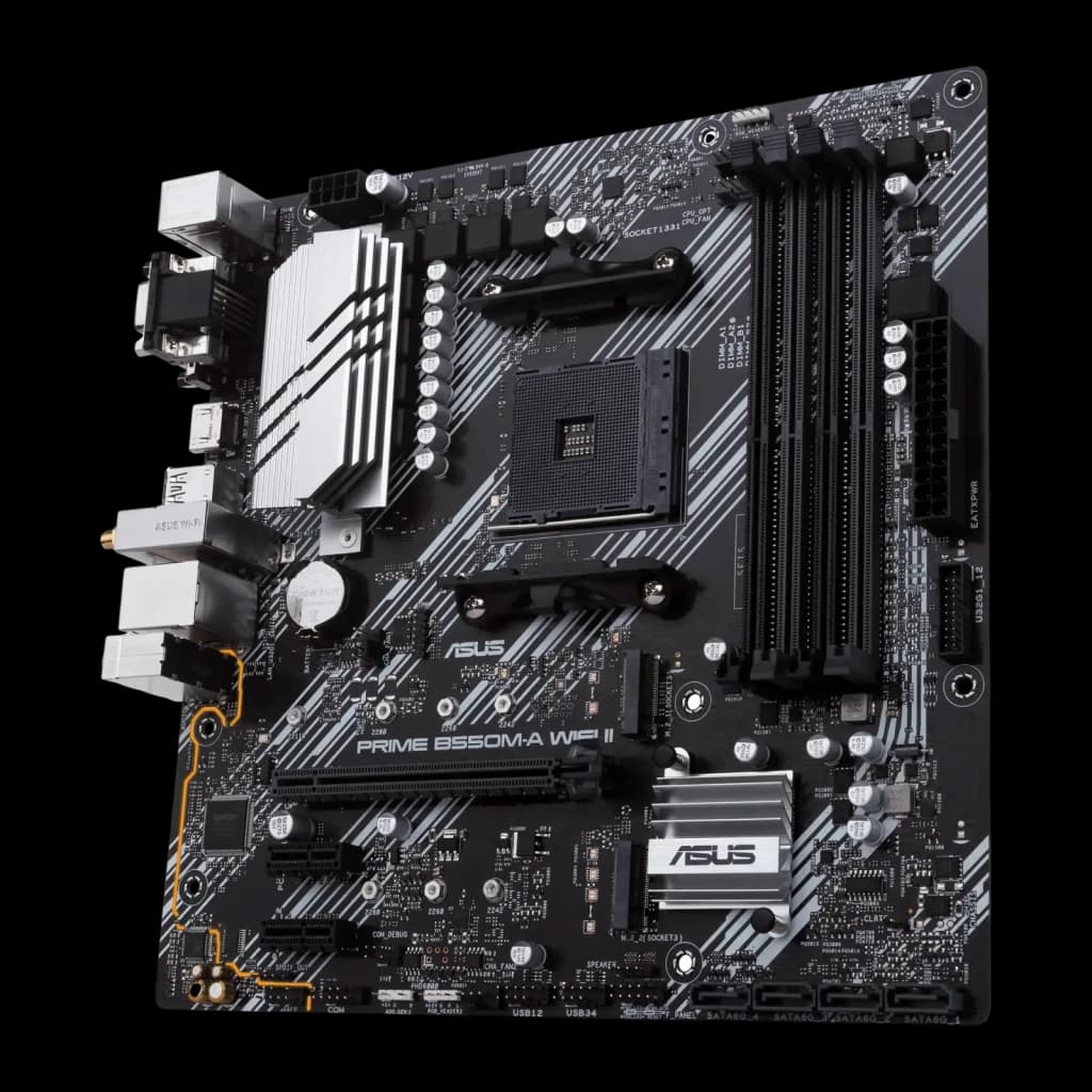 Placa base mATX negra con disipadores plateados, zócalo AM4, cuatro ranuras DDR4, puertos M.2 y PCIe, conectividad trasera completa y soporte WiFi 6