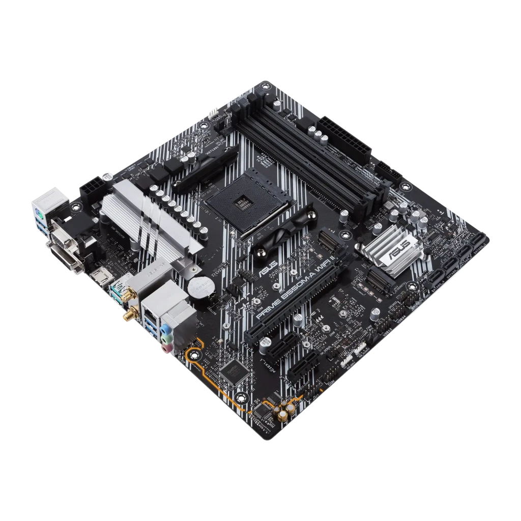 Carte mère mATX noire et grise avec slots DDR4, dissipateurs striés, nombreux ports arrière et antennes WiFi 6, aux côtés de sa boîte ASUS PRIME B550M-A - Ítem4