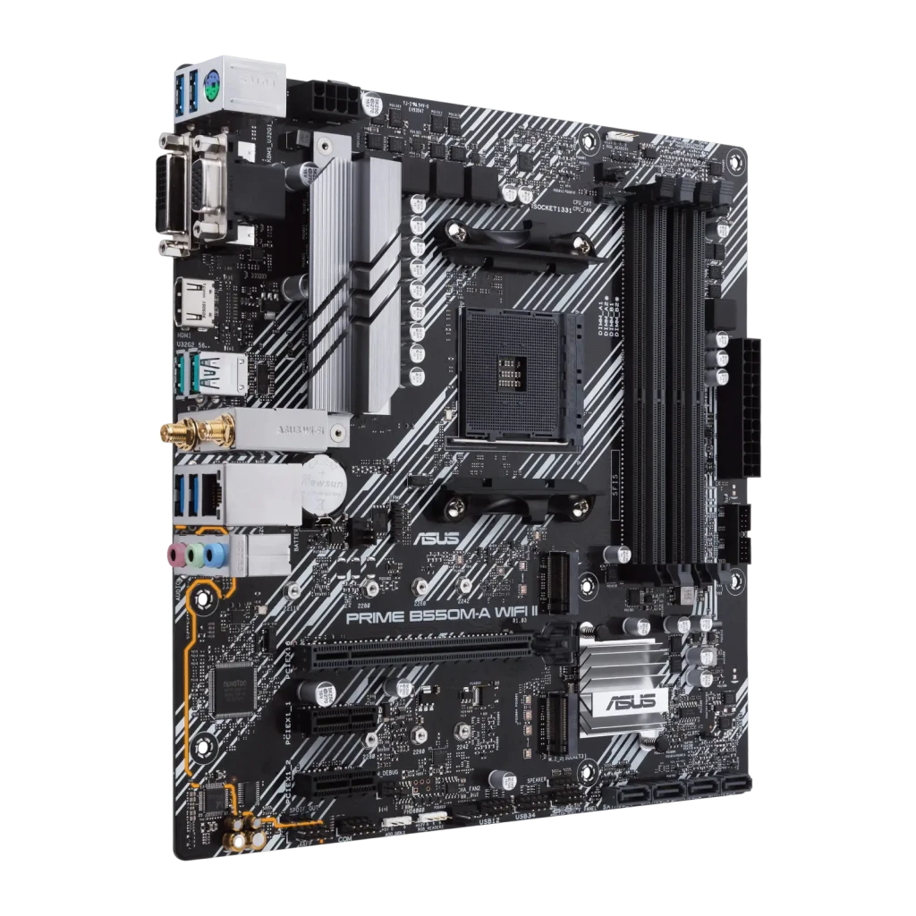 Carte mère mATX noire et grise avec slots DDR4, dissipateurs striés, nombreux ports arrière et antennes WiFi 6, aux côtés de sa boîte ASUS PRIME B550M-A - Ítem2