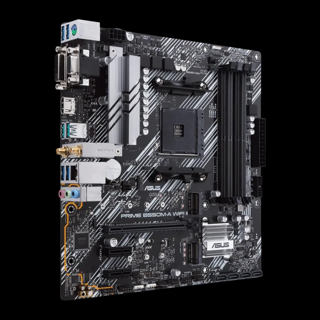 Placa base mATX negra con diseño en blanco, zócalo AM4, disipadores plateados, cuatro ranuras DDR4, múltiples puertos traseros y conectividad WiFi 6