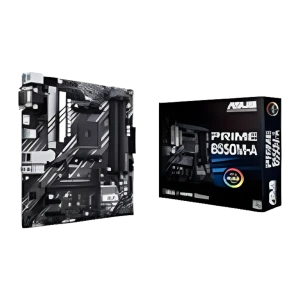 Carte mère ASUS Prime H610M-K mATX noire et grise, PCB compact, deux slots DDR5, radiateurs VRM, ports M.2 et PCIe, packaging assorti visible
