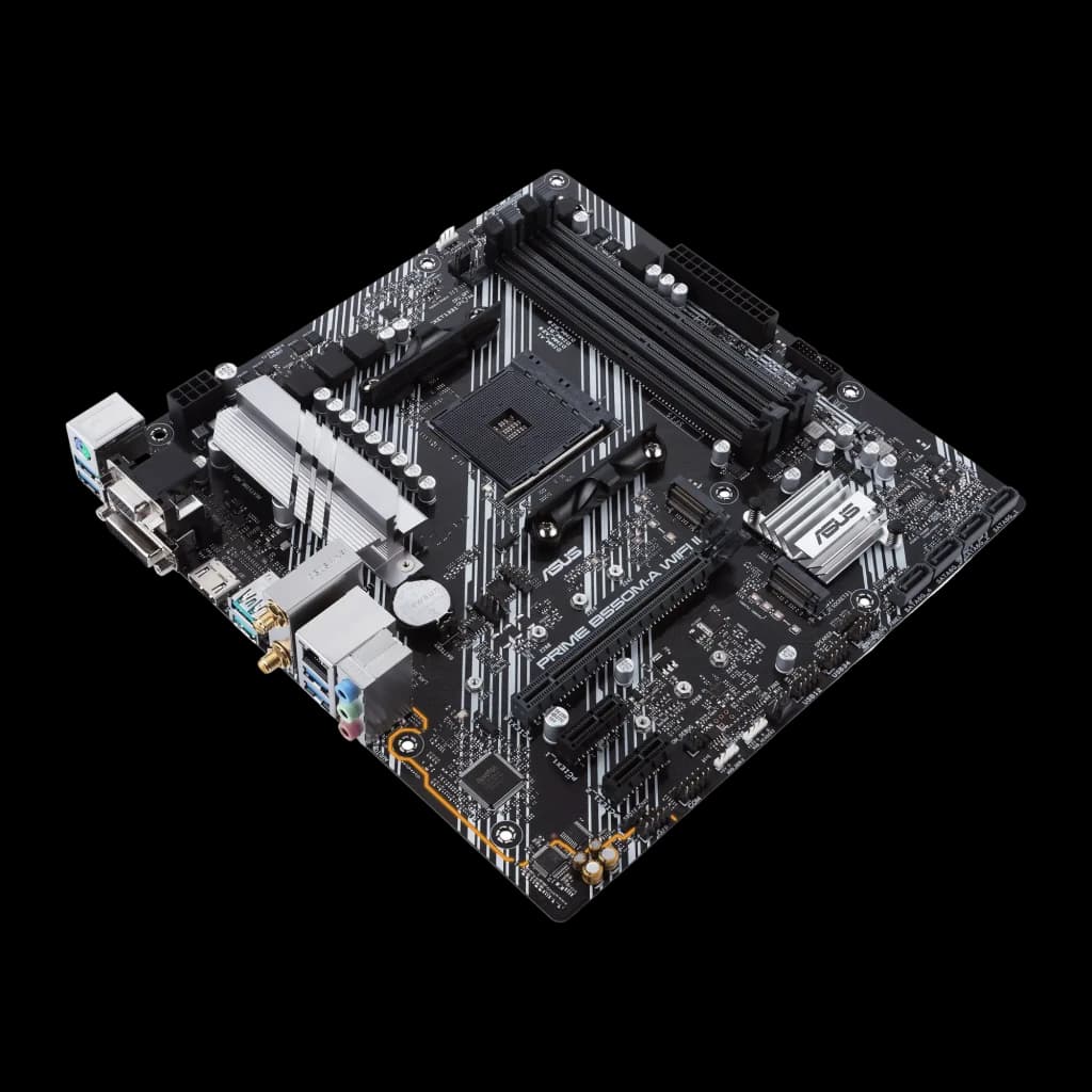 Placa base ASUS Prime H610M-K mATX negra con disipadores plateados, ranuras DDR5 duales, puertos USB traseros, PCIe x16 reforzado y diseño de trazas en blanco