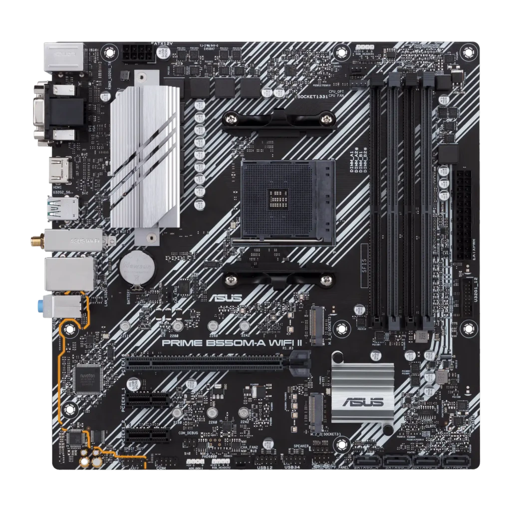 Carte mère ASUS Prime H610M-K mATX noire et grise, PCB compact, deux slots DDR5, radiateurs VRM, ports M.2 et PCIe, packaging assorti visible - Ítem2