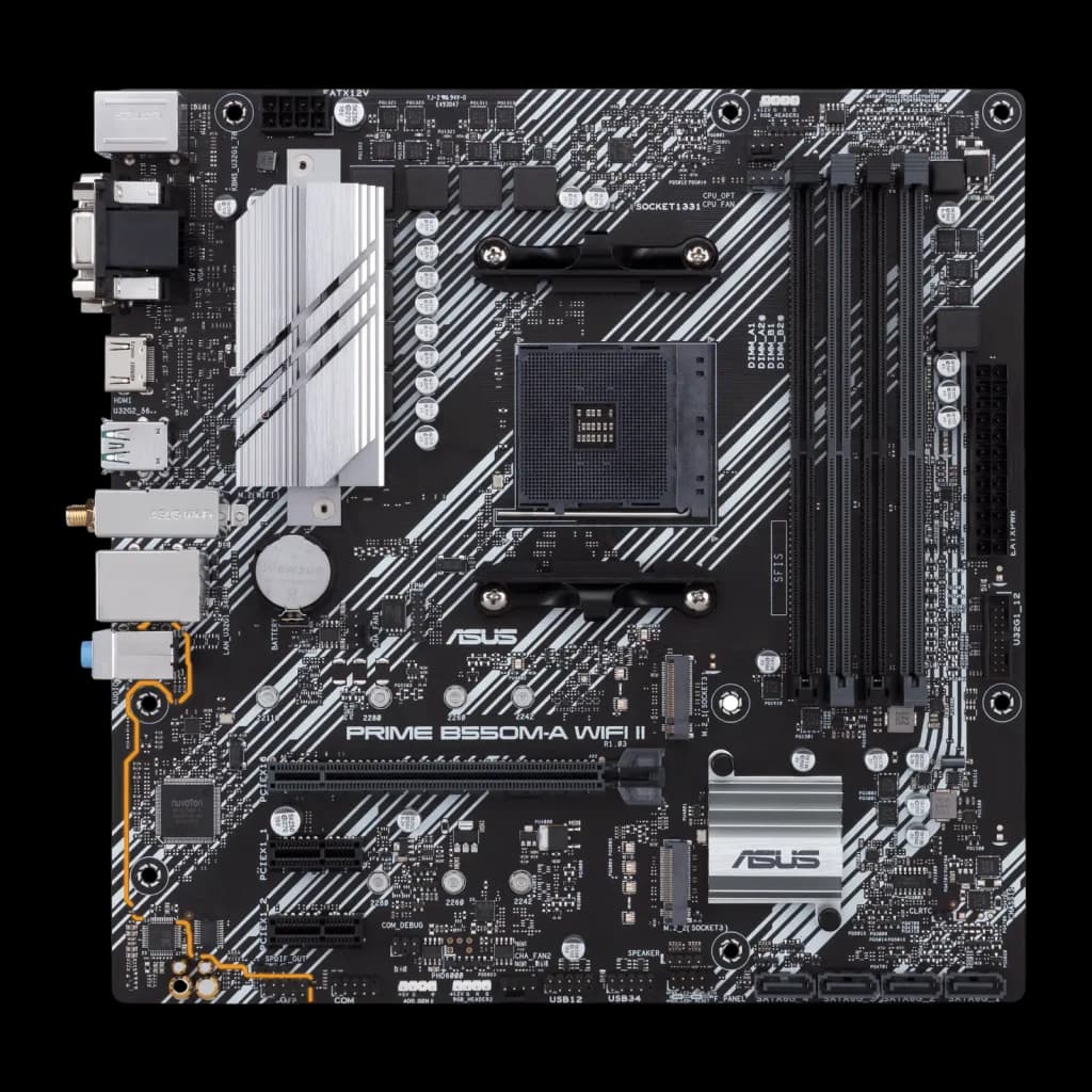 Placa base micro ATX negra con ranuras DDR4, gran disipador plateado, puertos HDMI y USB, PCIe x16 reforzado y múltiples conectores SATA y M.2