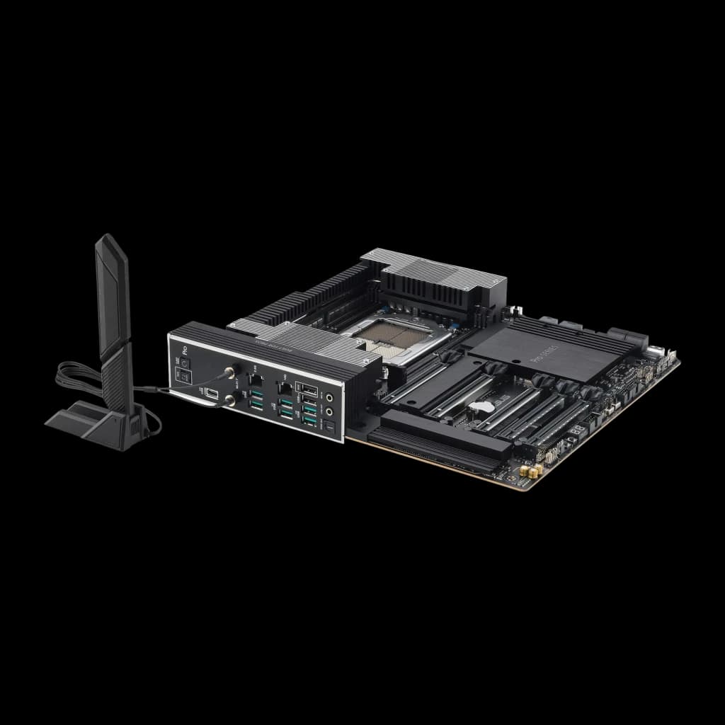 Placa base ASUS Pro WS TRX50-SAGE WIFI con zócalo sTR5, cuatro ranuras DDR5 ECC R-DIMM, disipadores negros robustos, múltiples PCIe y panel trasero con USB y