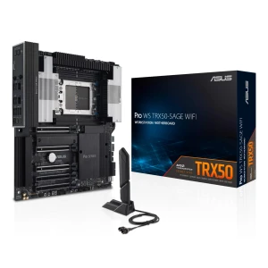 Carte mère ASUS Pro WS TRX50-SAGE WIFI noire, grand socket sTR5, 8 emplacements DDR5 ECC R-DIMM, radiateurs massifs, antenne WiFi et boîte incluses