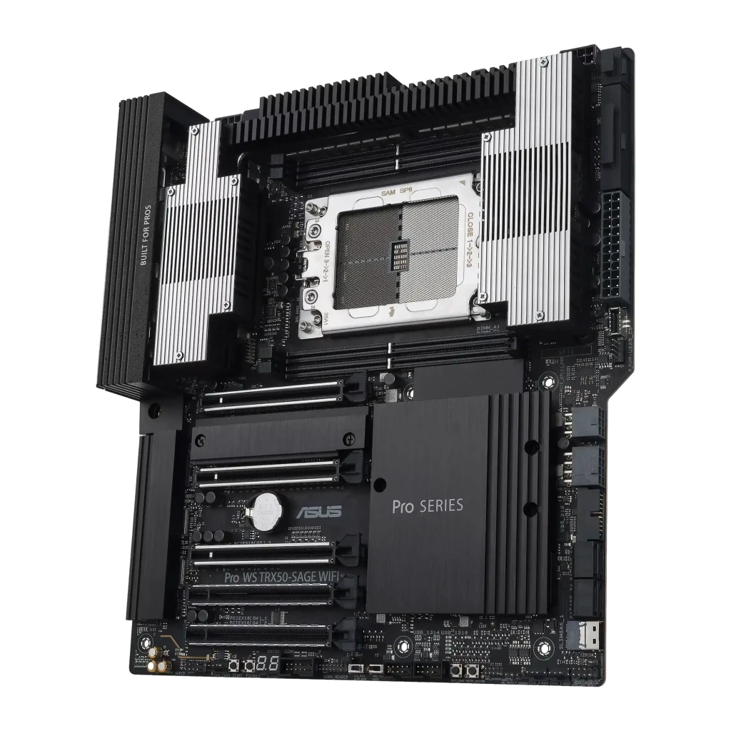 Carte mère ASUS Pro WS TRX50-SAGE WIFI noire, grand socket sTR5, 8 emplacements DDR5 ECC R-DIMM, radiateurs massifs, antenne WiFi et boîte incluses - Ítem1