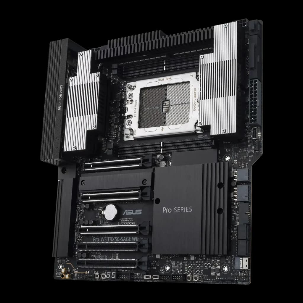 Placa base ASUS Pro WS TRX50-SAGE WIFI en negro con disipadores plateados, zócalo sTR5 expuesto, cuatro ranuras PCIe, M.2 cubiertos y VRM de gran tamaño