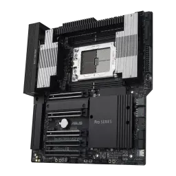 Placa base ASUS Pro WS TRX50-SAGE WIFI en negro con disipadores plateados, zócalo sTR5 expuesto, cuatro ranuras PCIe, M.2 cubiertos y VRM de gran tamaño