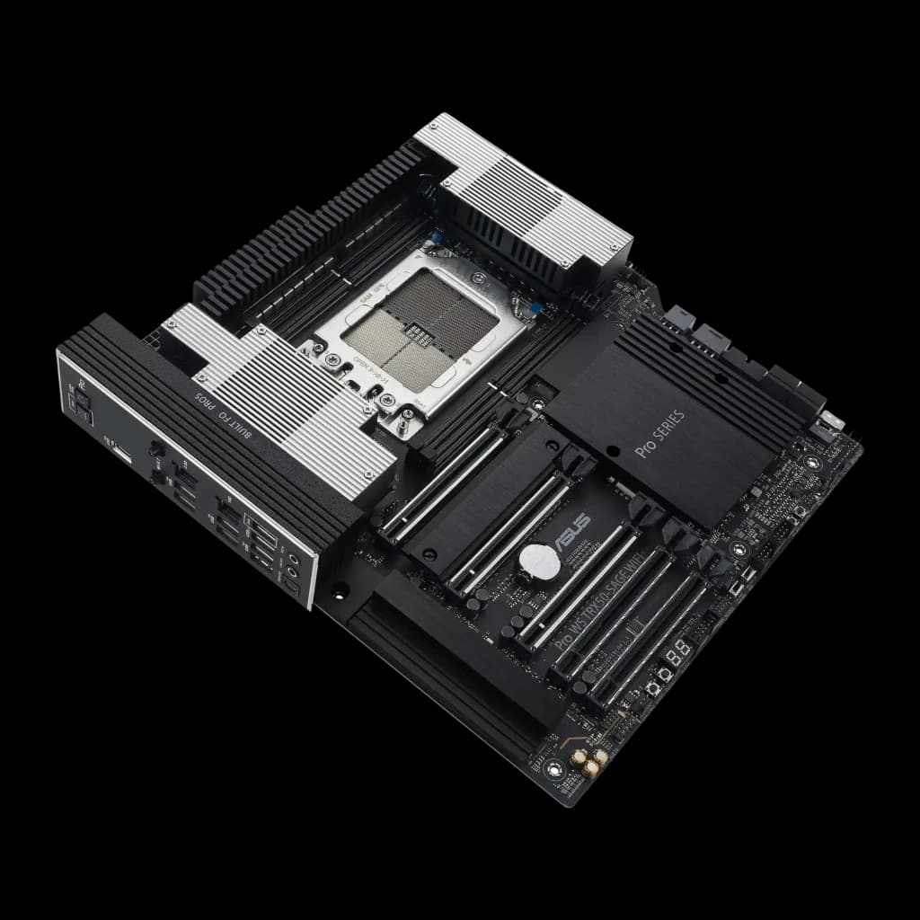 Placa base ASUS Pro WS TRX50-SAGE WIFI con zócalo sTR5, disipadores negros y plateados, cuatro ranuras PCIe x16, DDR5 ECC R-DIMM y conectividad WiFi