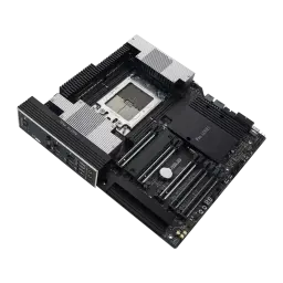 Placa base ASUS Pro WS TRX50-SAGE WIFI con zócalo sTR5, disipadores negros y plateados, cuatro ranuras PCIe x16, DDR5 ECC R-DIMM y conectividad WiFi