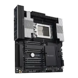 Placa base ASUS Pro WS TRX50-SAGE WIFI con socket sTR5 expuesto, disipadores de aluminio negros y plateados, ranuras PCIe reforzadas y módulos DDR5 ECC R-DIMM