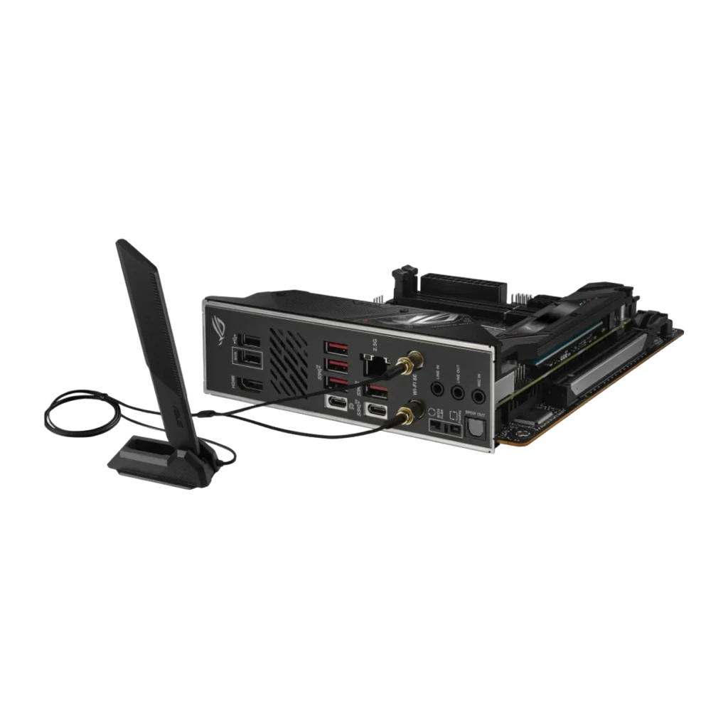 Placa-mãe mini-ITX preta com dissipadores robustos, socket AM5 exposto, Wi‑Fi com antenas externas, portas traseiras variadas e destaque ROG B650E na caixa - Item4