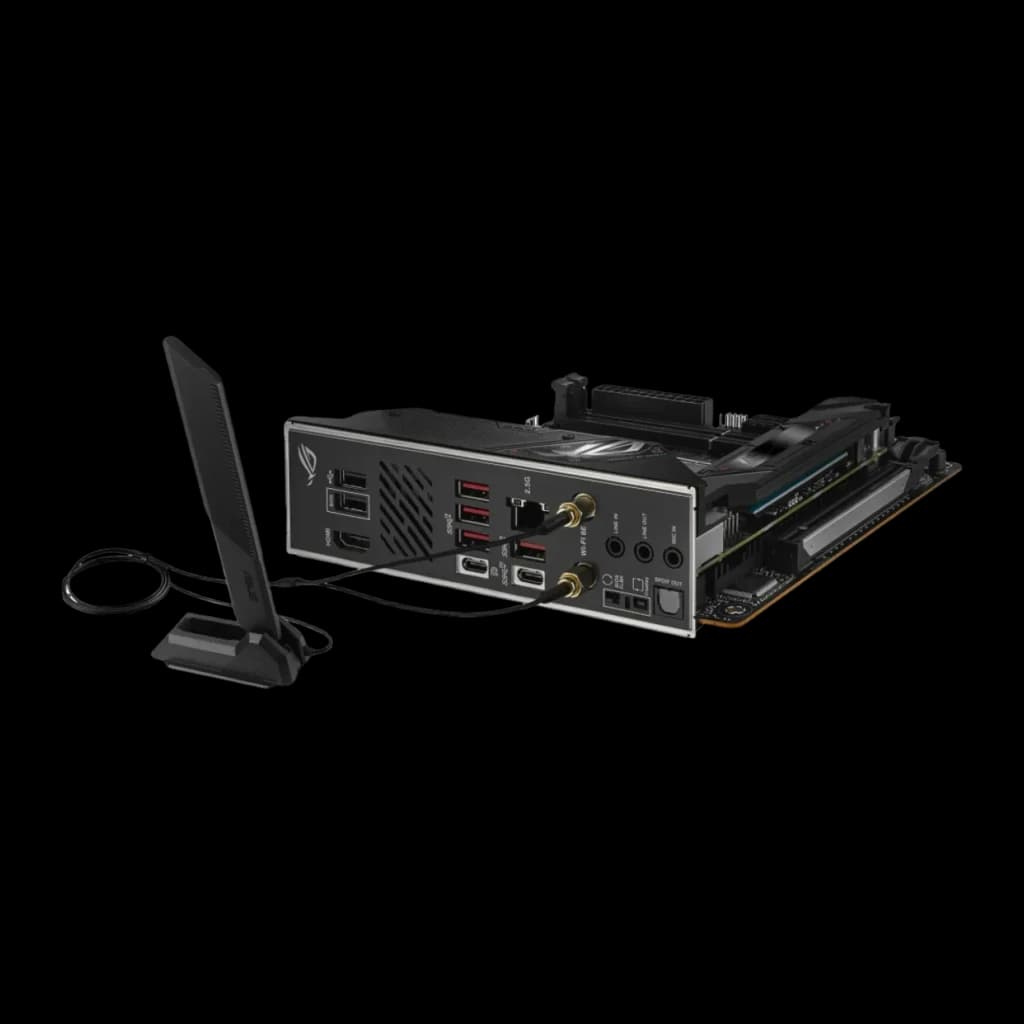 Placa-mãe mini-ITX com antena Wi‑Fi destacável, I/O traseiro com várias USB, HDMI, áudio e RJ‑45, slots DDR5 e PCIe, design preto com detalhes ROG
