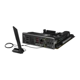 Placa-mãe mini-ITX com antena Wi‑Fi destacável, I/O traseiro com várias USB, HDMI, áudio e RJ‑45, slots DDR5 e PCIe, design preto com detalhes ROG