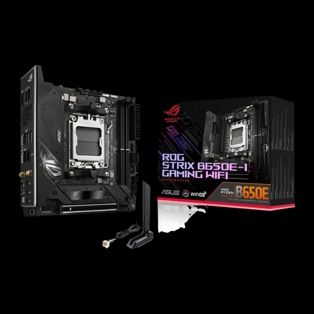 Placa-mãe mini-ITX preta com dissipadores robustos, socket AM5 exposto, Wi‑Fi com antenas externas, portas traseiras variadas e destaque ROG B650E na caixa