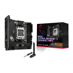 Placa-mãe mini-ITX preta com dissipadores robustos, socket AM5 exposto, Wi‑Fi com antenas externas, portas traseiras variadas e destaque ROG B650E na caixa