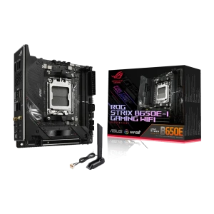 Placa-mãe mini-ITX preta com dissipadores robustos, socket AM5 exposto, Wi‑Fi com antenas externas, portas traseiras variadas e destaque ROG B650E na caixa