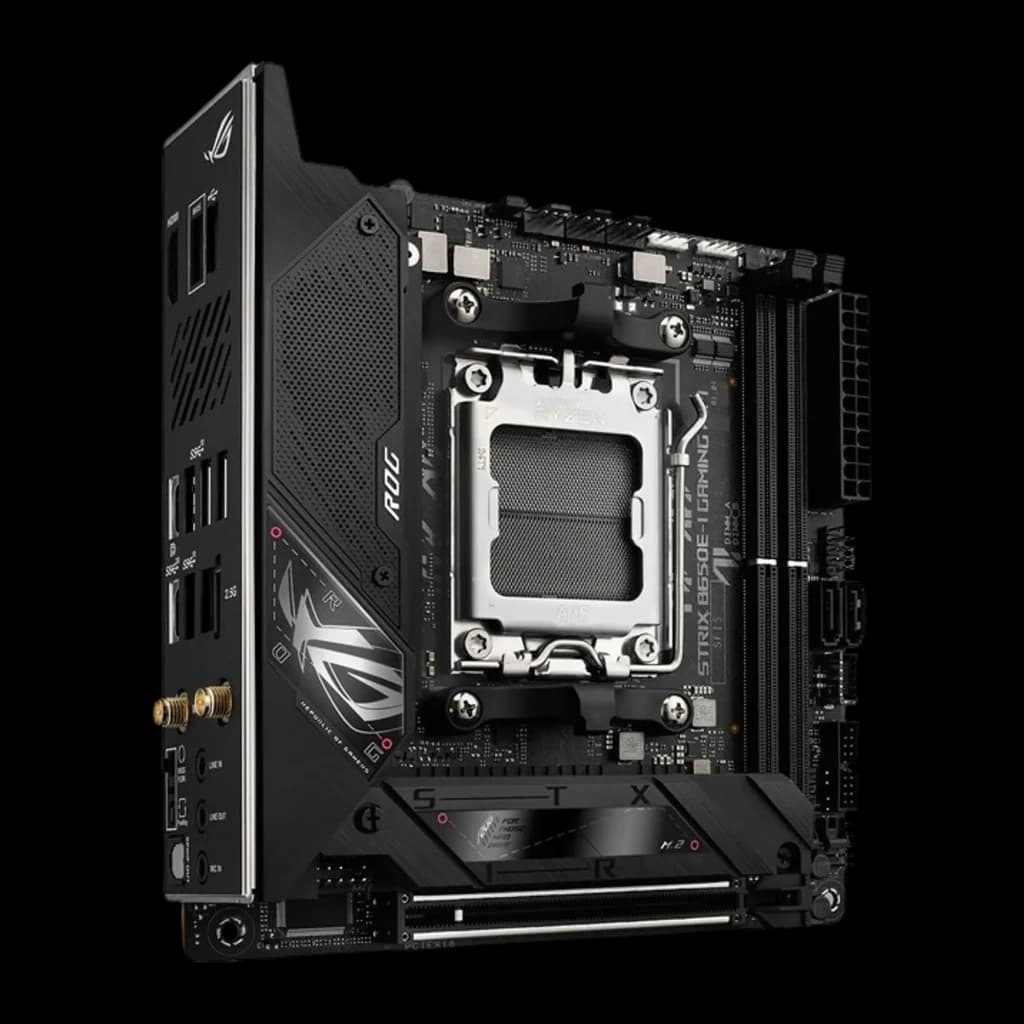 Placa-mãe ASUS ROG STRIX B650E-I mini-ITX preta com dissipadores robustos, portas USB traseiras, M.2 com heatsink, slot PCIe reforçado e Wi-Fi integrado