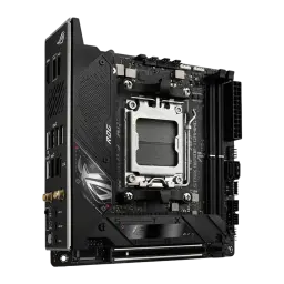 Placa-mãe ASUS ROG STRIX B650E-I mini-ITX preta com dissipadores robustos, portas USB traseiras, M.2 com heatsink, slot PCIe reforçado e Wi-Fi integrado